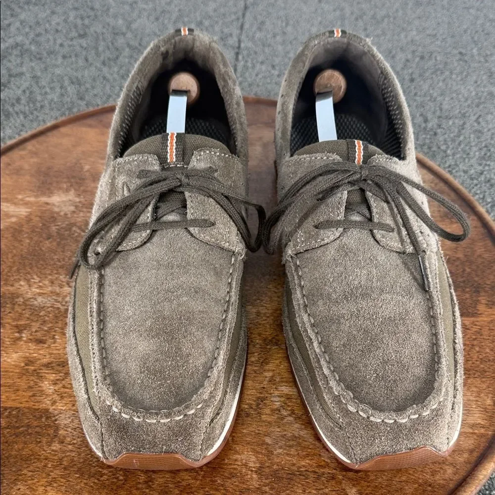 Clarks Shoes Mens 10 Green Suede Loafers Boat Moccasin Lace Up Casual